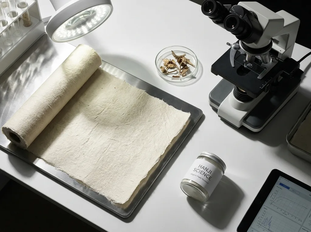 A sterile but organic laboratory environment where traditional hanji paper meets modern scientific observation