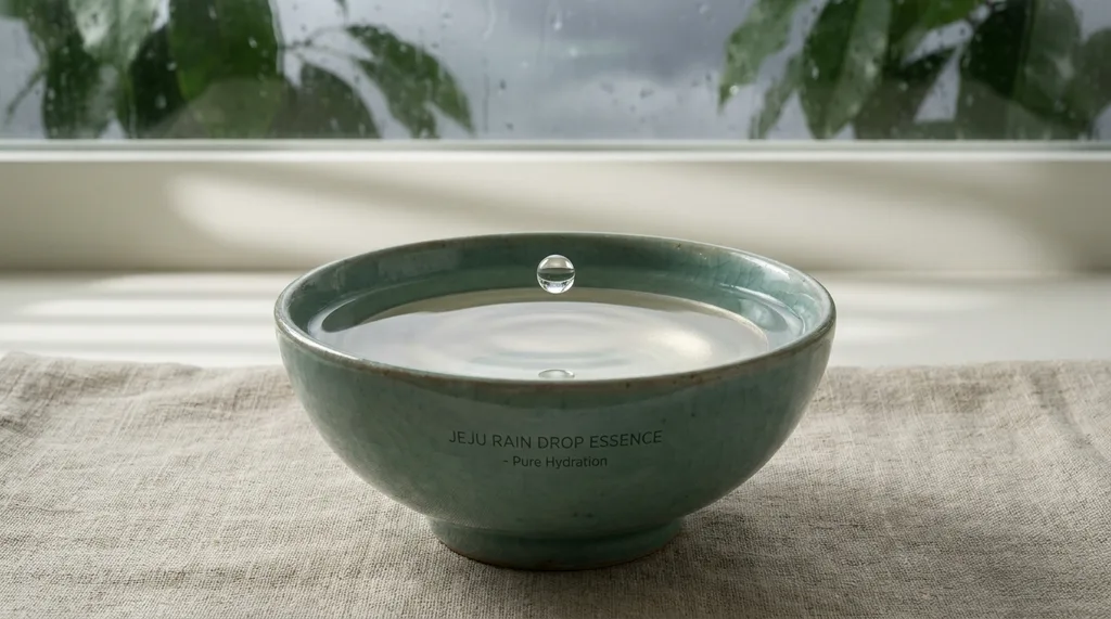 Cold weight of translucent water pooling in a shallow Korean celadon bowl, each layer barely distinct from the last, one final drop suspended a breath above the surface its fall not yet decided Pale morning window light Extreme macro