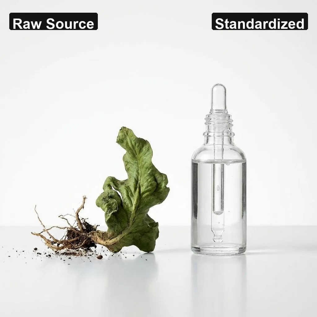 Modern, clean, and minimalist studio space a comparison between a raw botanical ingredient and a refined, clinical serum