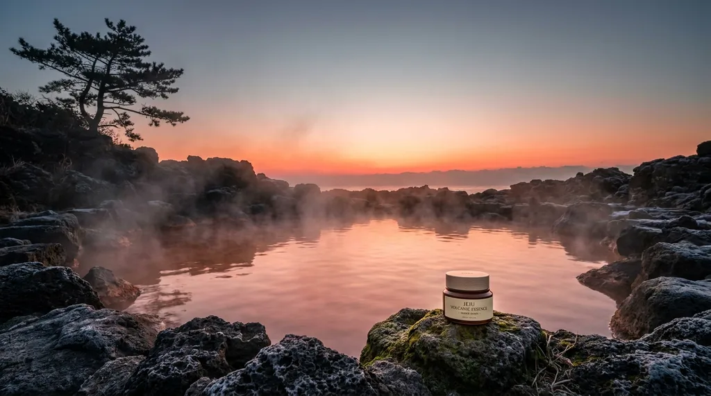 Pre-dawn Jeju volcanic landscape, mist suspended above steaming water, dark basalt stone still holding last nights cold at its edges while the water glows warm amber-rose One scraggly pine tree at the frames edge Ancient, uncurated, completely real
