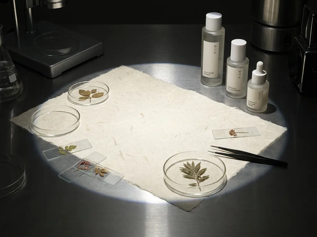 A sterile but organic laboratory environment where traditional hanji paper meets modern scientific observation