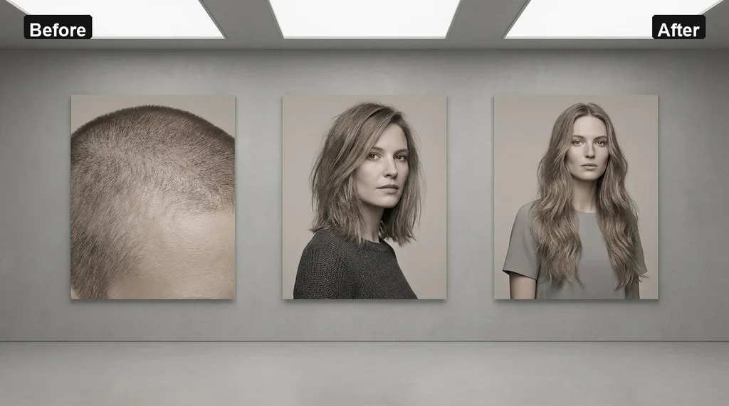 A clean, monochromatic studio space focusing on the transition of hair growth