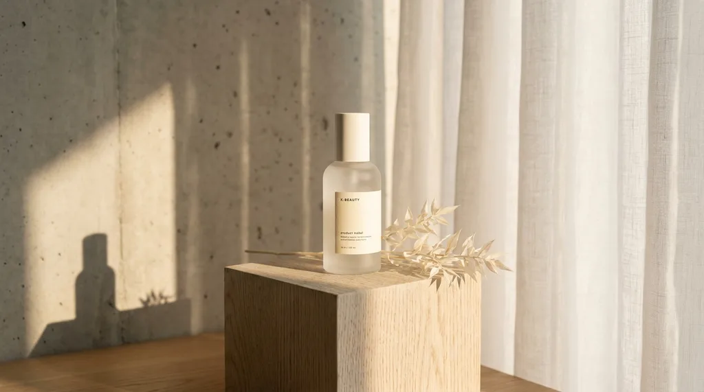 Serene, minimalist, ultra-luxury aesthetic with warm morning sunlight casting long shadows across textured concrete and pale oak