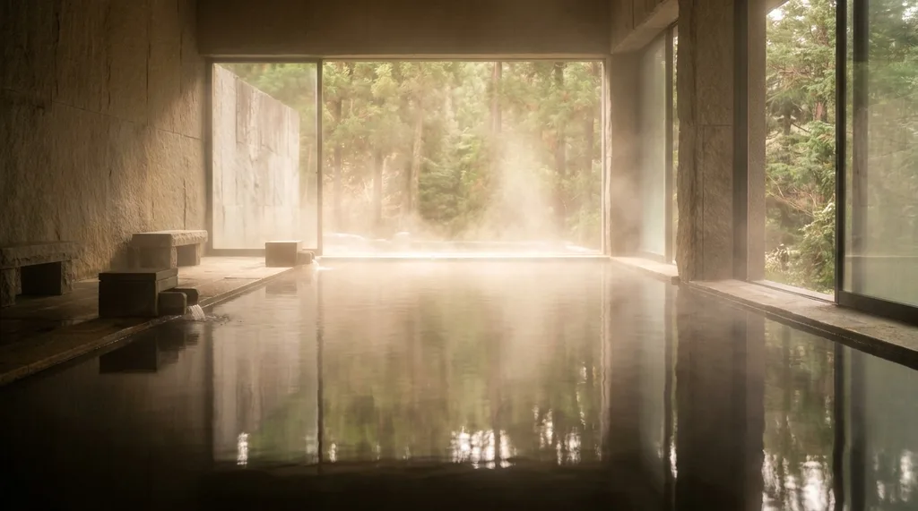 Serene, minimalist stone bathhouse with rising steam and mineral-rich water reflecting the surrounding forest