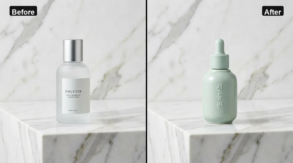 A split-screen composition showing a generic high-end bottle on the left and a high-performance K-Beauty bottle on the right, both placed on a marble vanity