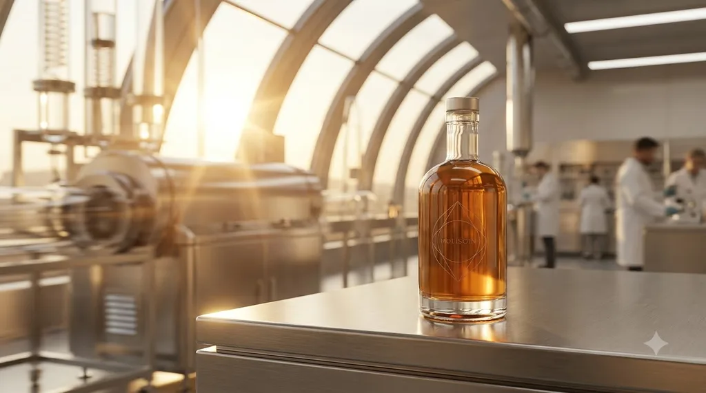 A state-of-the-art, pristine industrial environment balancing clean science with warm, natural sunlight