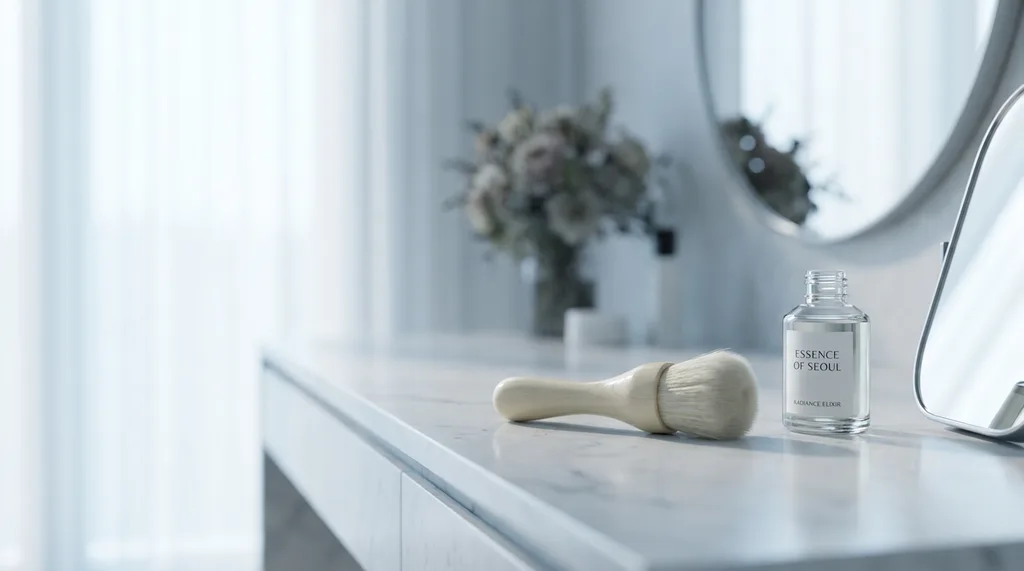A minimalist, high-end Cheongdam-dong vanity bathed in soft morning light, featuring a marble surface and a single, pristine silk brush