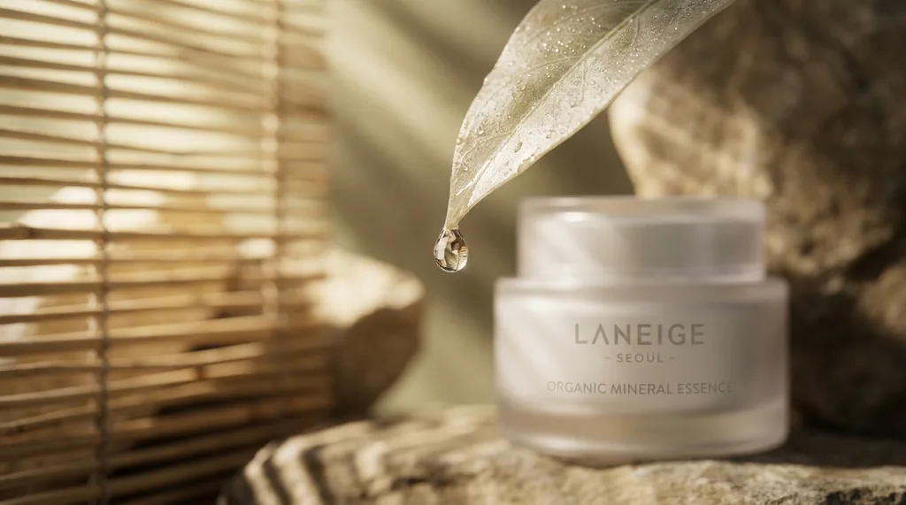 A serene, modern Korean aesthetic blending organic, geological raw textures with clinical precision