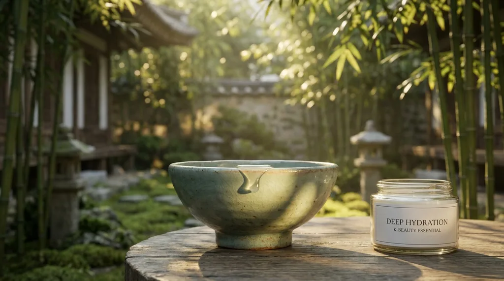 A serene, traditional Korean wabi-sabi setting with a minimalist celadon bowl, invoking deep hydration and timeless beauty