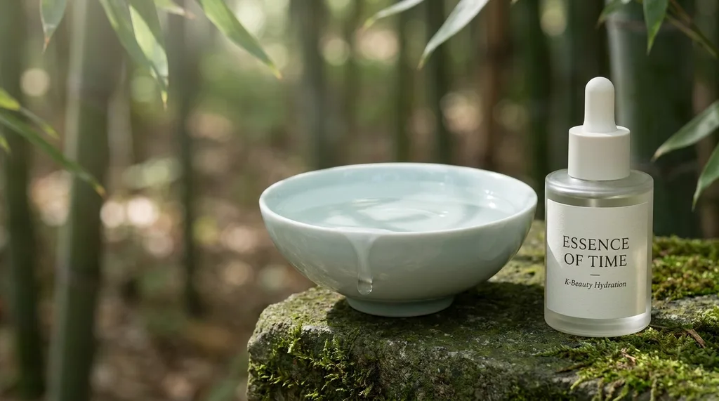 A serene, traditional Korean wabi-sabi setting with a minimalist celadon bowl, invoking deep hydration and timeless beauty