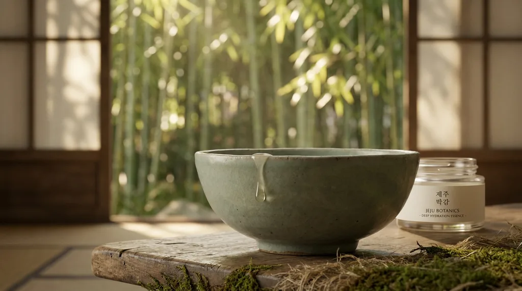 A serene, traditional Korean wabi-sabi setting with a minimalist celadon bowl, invoking deep hydration and timeless beauty