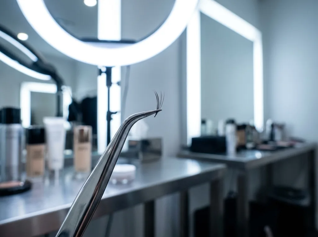 A backstage dressing room environment, slightly out of focus, emphasizing the precision of a pair of tweezers holding a single, delicate lash strand