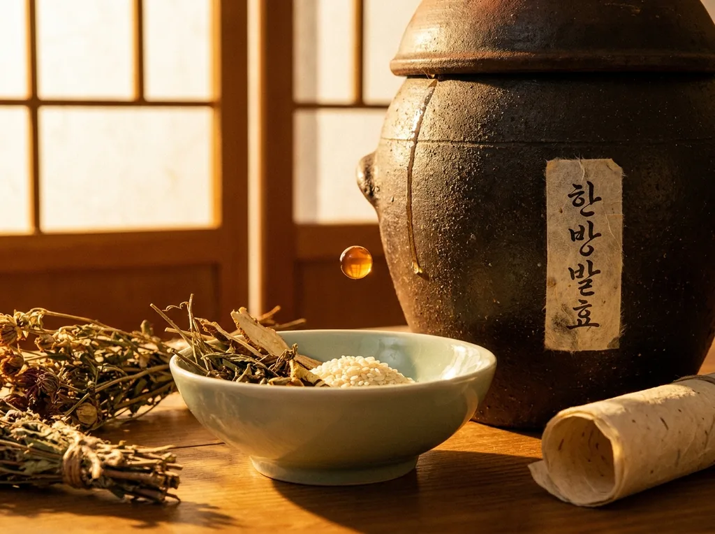 Rough clay fermentation vessel, its surface cold and gritty under the fingertips, amber liquid just visible at the neck, one bead of condensation beginning its slow descent down the exterior Slightly above, angled down, celadon bowl cradling the raw material