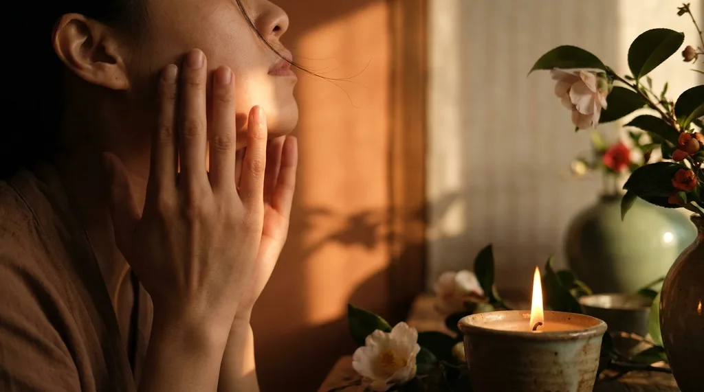 Warmth radiating from pressed palms against a cheekbone, amber candlelight catching the space between fingers where breath and heat meet skin One strand of hair lifting loose from the composition at the temple Low angle looking up along the jaw, wild camellia blossoms surrounding