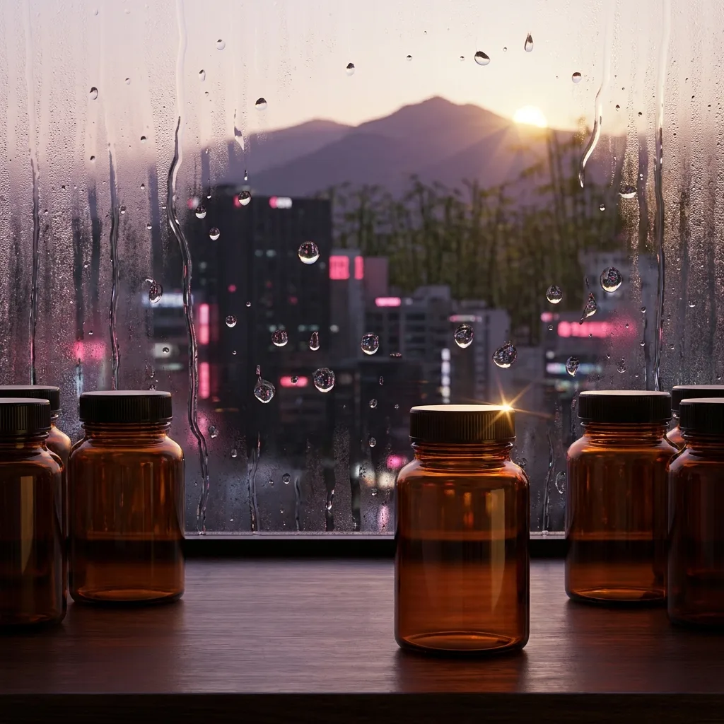 Warm amber weight of glass supplement bottles, rain-fogged window behind them, city neon bleeding through in soft fractured rings of light One bottle slightly forward of the others, its cap catching a single point of brightness Eye level, bamboo grove morning light filtering through