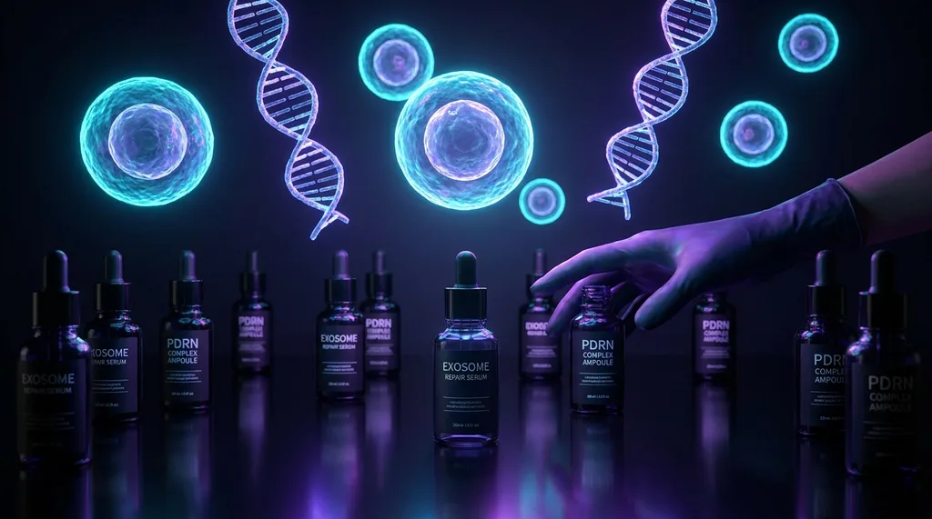 A futuristic, dark-themed aesthetic featuring 3D holographic renderings of exosomes and PDRN molecules floating in a dark space