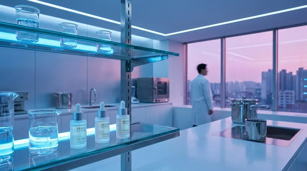 A sterile, high-tech minimalist lab in Seoul at twilight, featuring soft blue ambient light reflecting off glass beakers containing clear, viscous essences