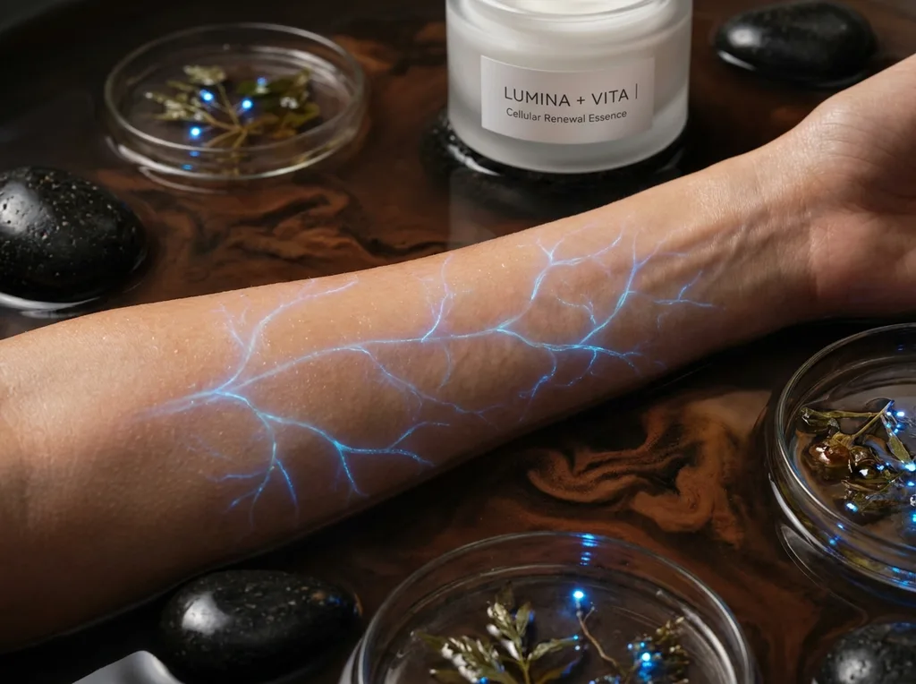 A clinical yet elegant interpretation of biological rejuvenation, where microscopic detail meets high-end botanical photography