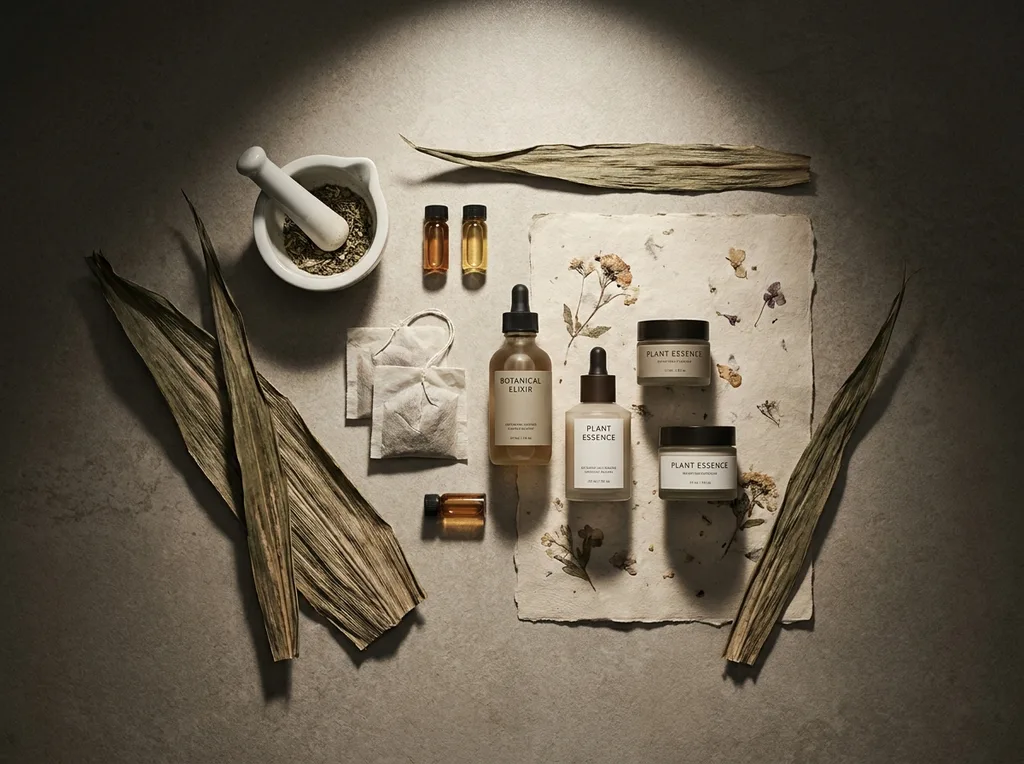 A clinical-meets-botanical environment, emphasizing the raw material and the medium of its traditional application