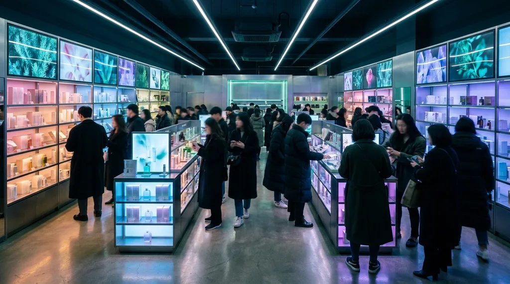 Vibrant, neon-lit urban midnight retail energy, capturing the democratic frenzy of modern K-Beauty shopping