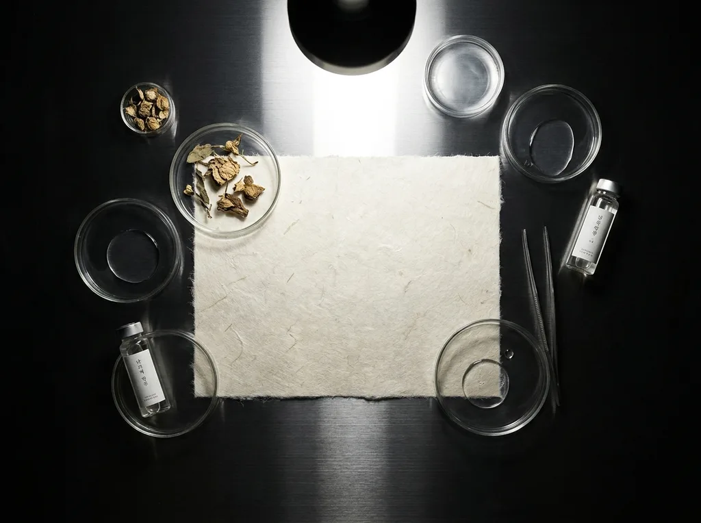 A sterile but organic laboratory environment where traditional hanji paper meets modern scientific observation
