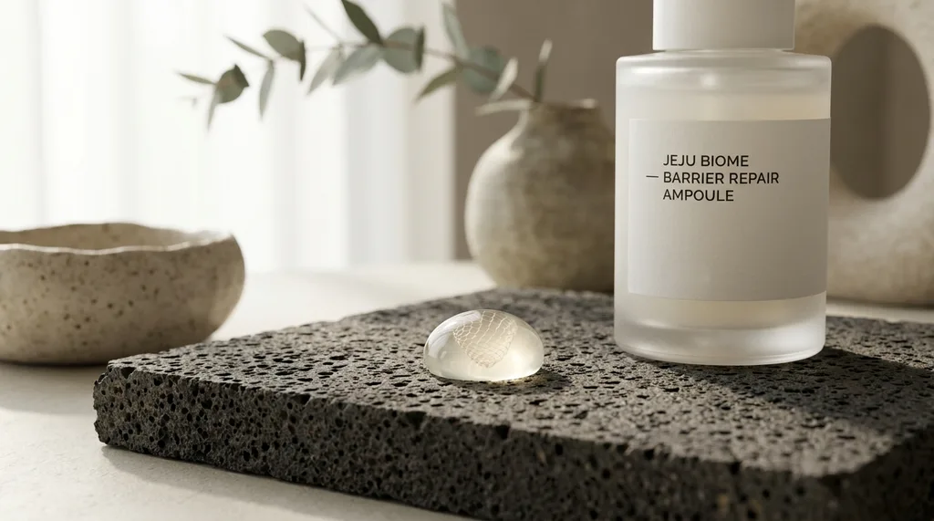 A serene, modern Korean aesthetic blending raw volcanic basalt textures with clinical purity, conveying deep skin barrier rehabilitation