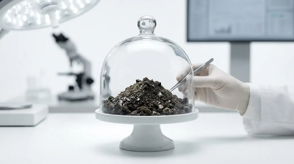 Clinical yet organic a high-end laboratory setting where raw, dark volcanic soil is being analyzed under a glass dome