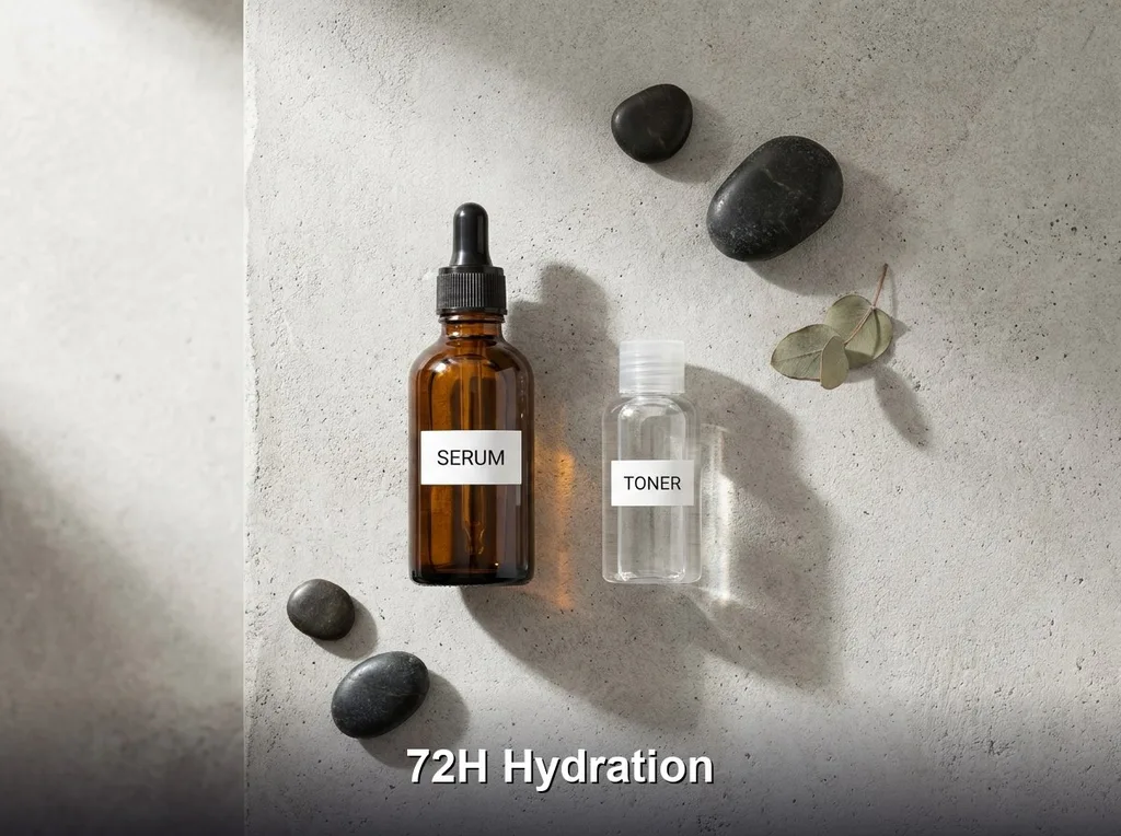 A clean, top-down flat lay on a textured concrete surface, featuring a full-sized serum and a travel-sized toner, arranged with geometric precision