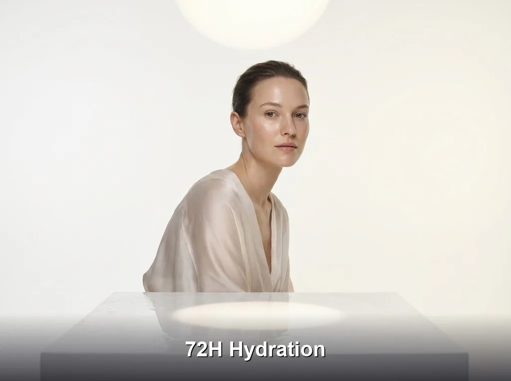 Minimalist, ethereal studio setting with a clean, light-reflecting surface that emphasizes natural dewiness