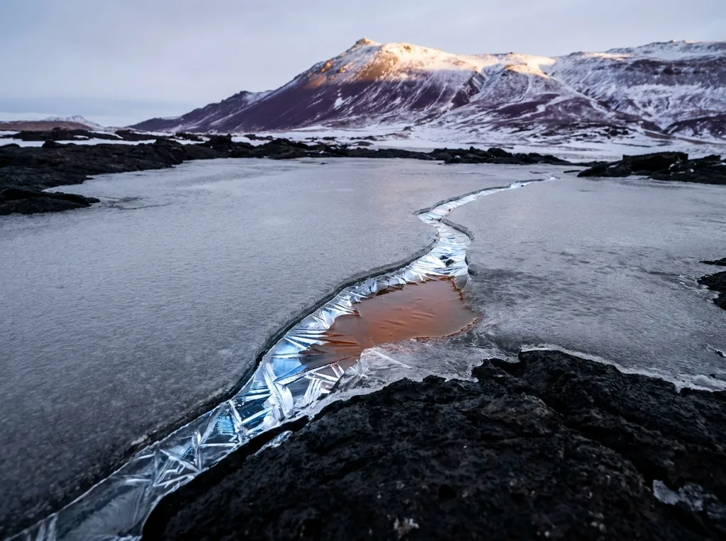 Dark volcanic basalt beneath a sheet of ice cracked along a single hairline fracture the break catches cold light in a way the intact surface cannot, scattering it instead of reflecting cleanly Still water trapped in the crack, not yet escaped Low angle looking across the ice surface, single cracked celadon shard on dark slate