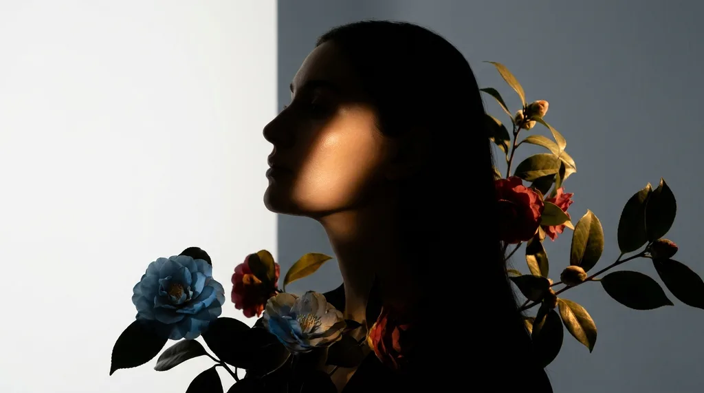 Soft focus silhouette of a woman against a clinical white wall A single beam of light highlights the texture of her cheek, revealing a calm, hydrated surface Chiaroscuro lighting, side profile, wild camellia blossoms surrounding