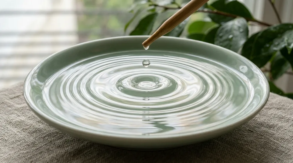 Cool, glass-smooth celadon surface inches from the lens Seven concentric water rings overlap, the outermost still expanding, its edge not yet reached the rim One final drop hangs at the tip of a bamboo dropper above Extreme macro