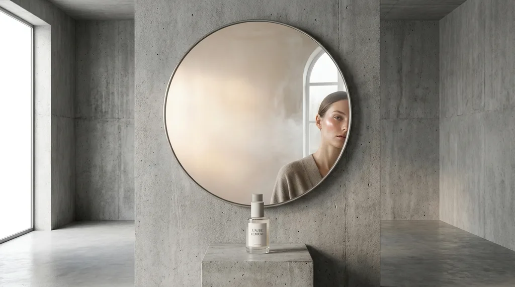 A minimalist, brutalist concrete studio space with a single, perfectly placed circular mirror reflecting a soft, ethereal morning light