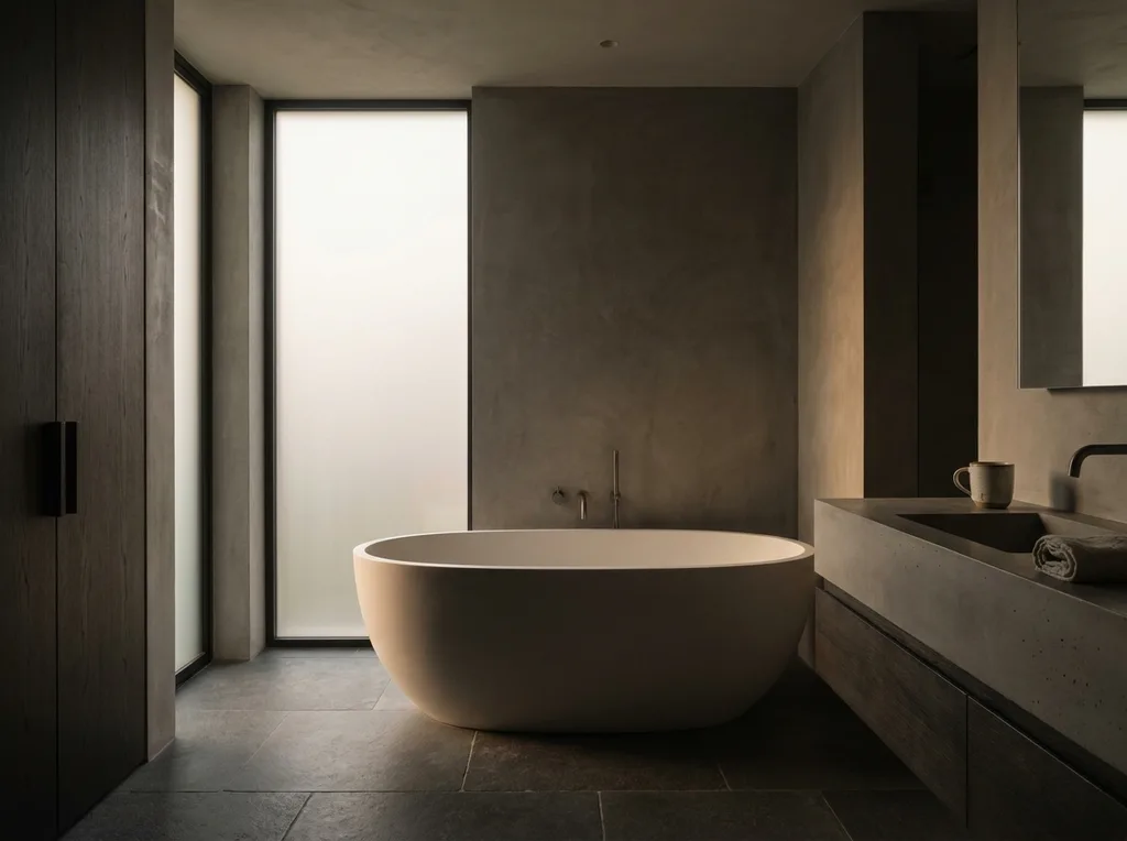 A serene, dimly lit modern bathroom with a focus on do not touch minimalism