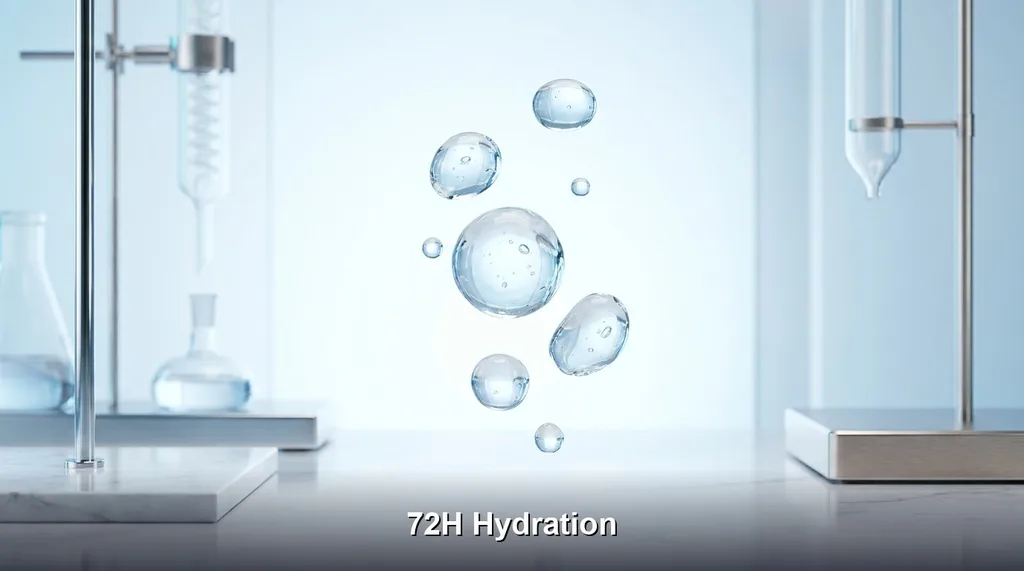 A scientific, clinical laboratory aesthetic with a touch of luxury Droplets of clear serum suspended in mid-air against a soft-focus gradient background