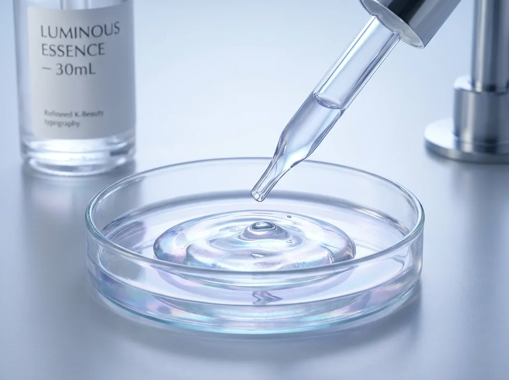 A clinical laboratory setting with a sterile, high-end aesthetic A single glass pipette suspended over a petri dish containing a shimmering, viscous essence