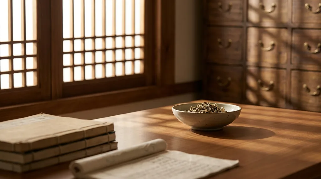 A serene, minimalist Korean traditional medicine clinic setting hanbang, evoking organic wisdom, purity, and quiet luxury
