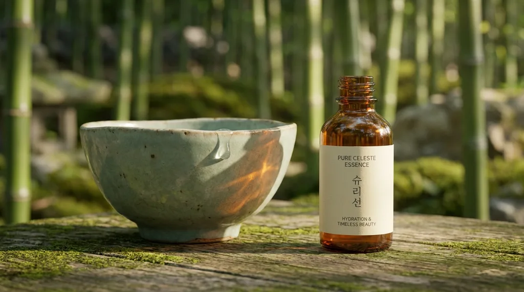 A serene, traditional Korean wabi-sabi setting with a minimalist celadon bowl, invoking deep hydration and timeless beauty