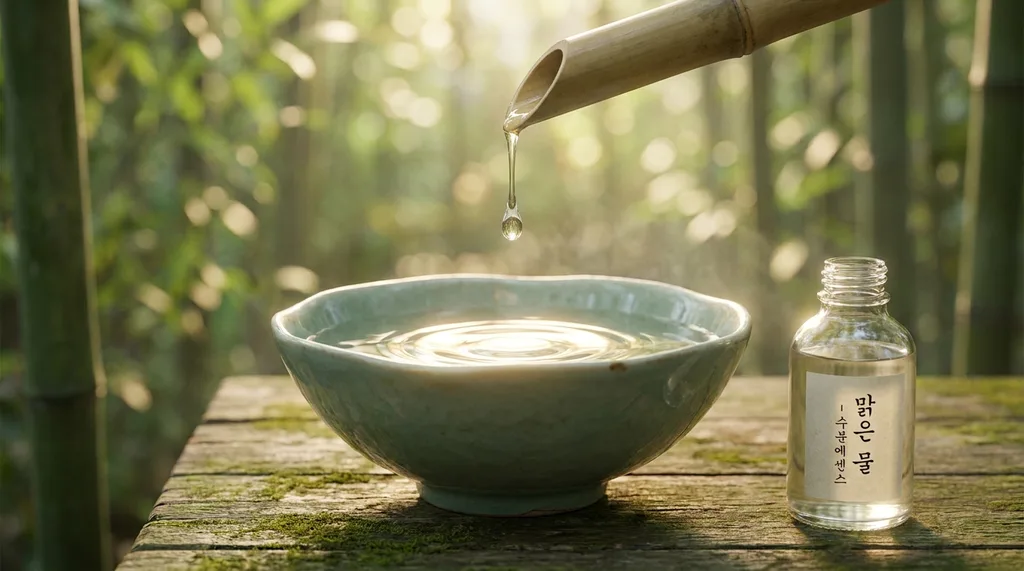 A serene, traditional Korean wabi-sabi setting with a minimalist celadon bowl, invoking deep hydration and timeless beauty