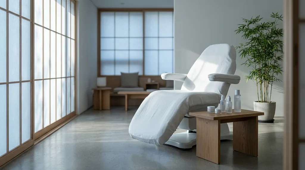 A minimalist, high-end Seoul dermatology clinic with soft morning light filtering through rice paper screens
