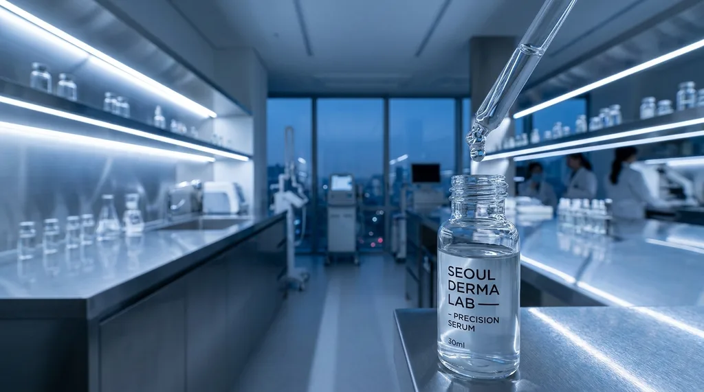 A clinical Seoul dermatology lab at twilight, featuring sleek stainless steel surfaces and soft, ethereal blue ambient light