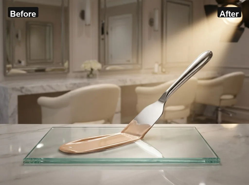 A professional makeup artists station in a high-end salon A sleek, stainless steel spatula pulling a razor-thin ribbon of foundation across a glass palette