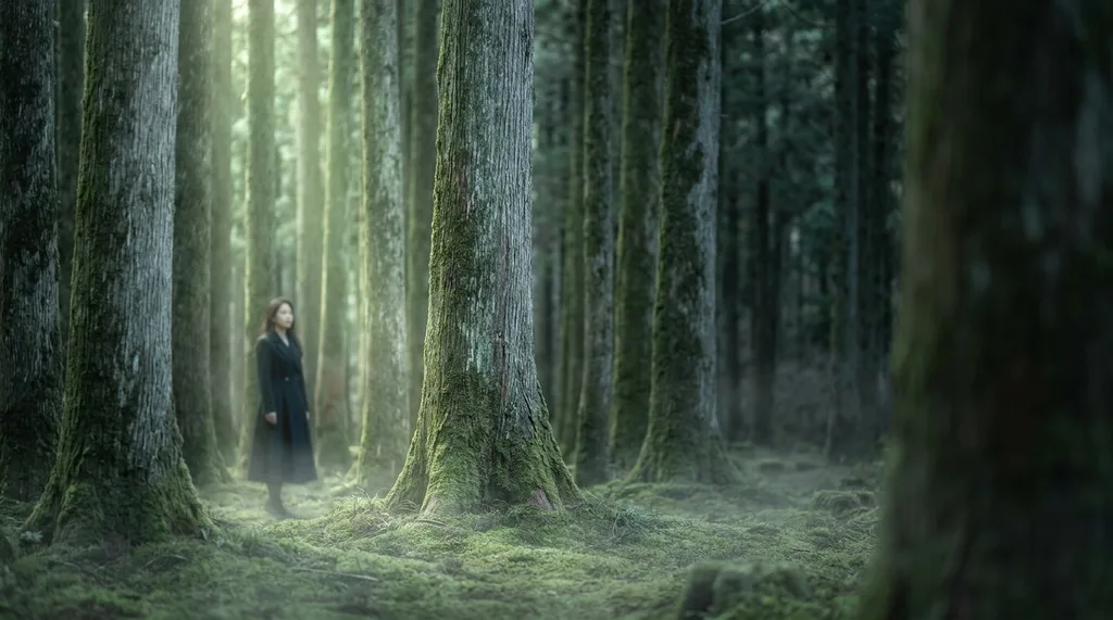 Ancient cypress forest in South Koreas Jirisan highlands the trunks silver-grey and enormous, the forest floor covered in soft moss, a thin ground mist clinging at ankle height, absolute quietness implied by the stillness of every element