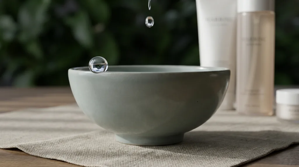 Cold smooth weight of shallow celadon pale grey-green glaze under fingertips A single water drop on its surface catches morning window light and holds an entire compressed sky inside it, one edge beginning to flatten toward the stone Slightly above, angled down