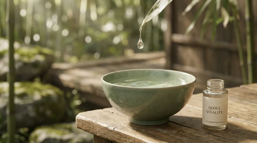 A serene, traditional Korean wabi-sabi setting with a minimalist celadon bowl, invoking deep hydration and timeless beauty