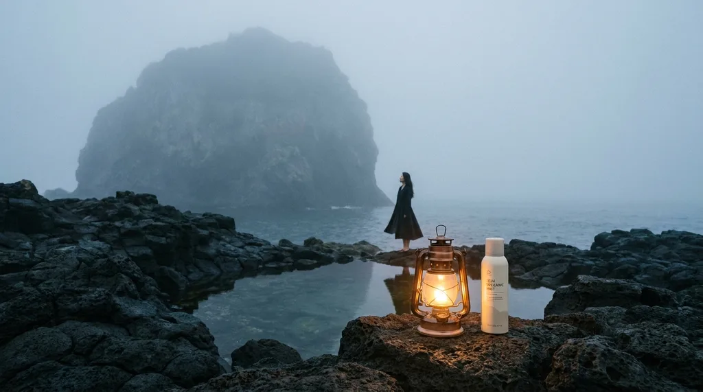 Primordial, almost prehistoric stillness the volcanic basalt coast of Jeju before sunrise, grey-blue fog rolling in from the ocean, the pool glowing faint amber from a single lantern on the stone edge