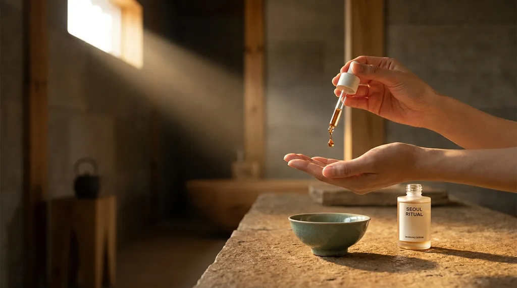 A private morning ritual space sparse, warm, a single shaft of early Seoul daylight crossing a stone-surface counter The world outside does not exist yet Only this drop, this palm, this moment of decision