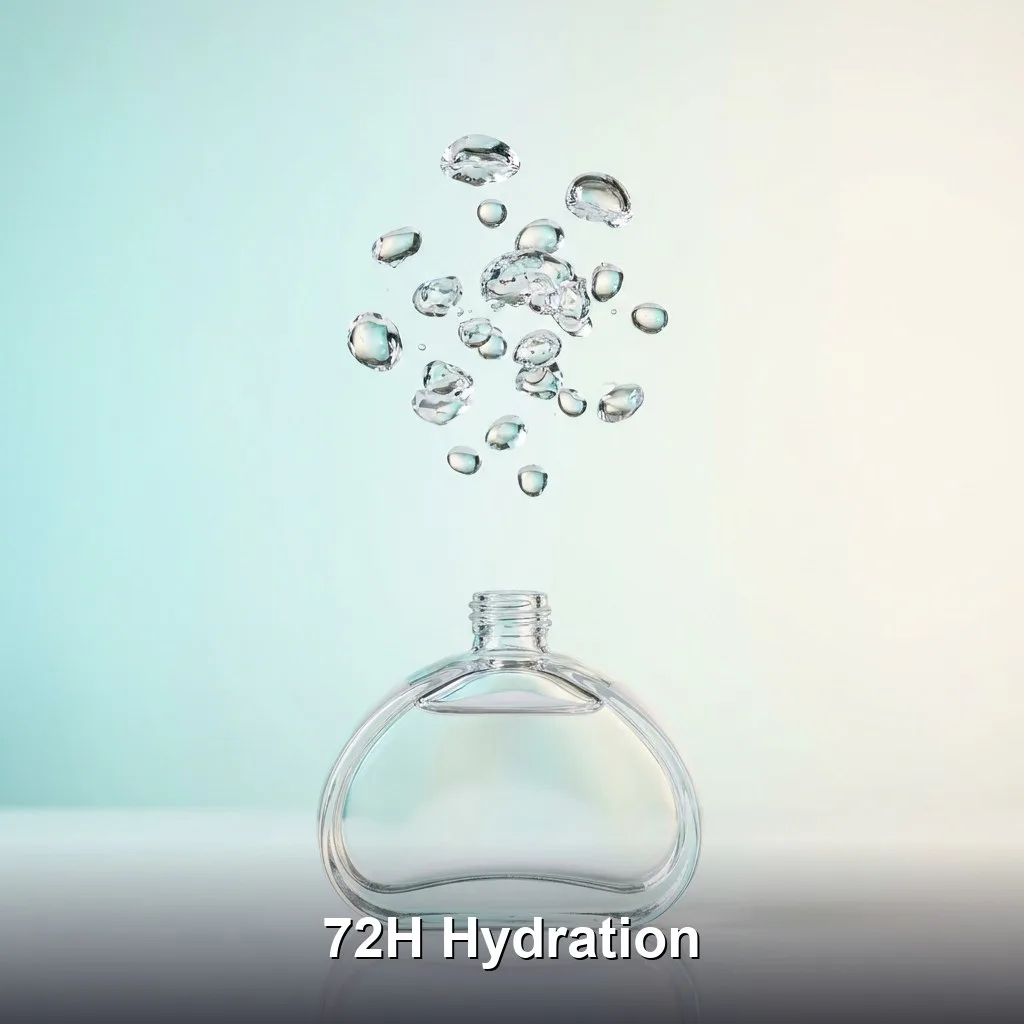 A clean, bright studio setting with water droplets captured in mid-air against a soft-focus gradient background