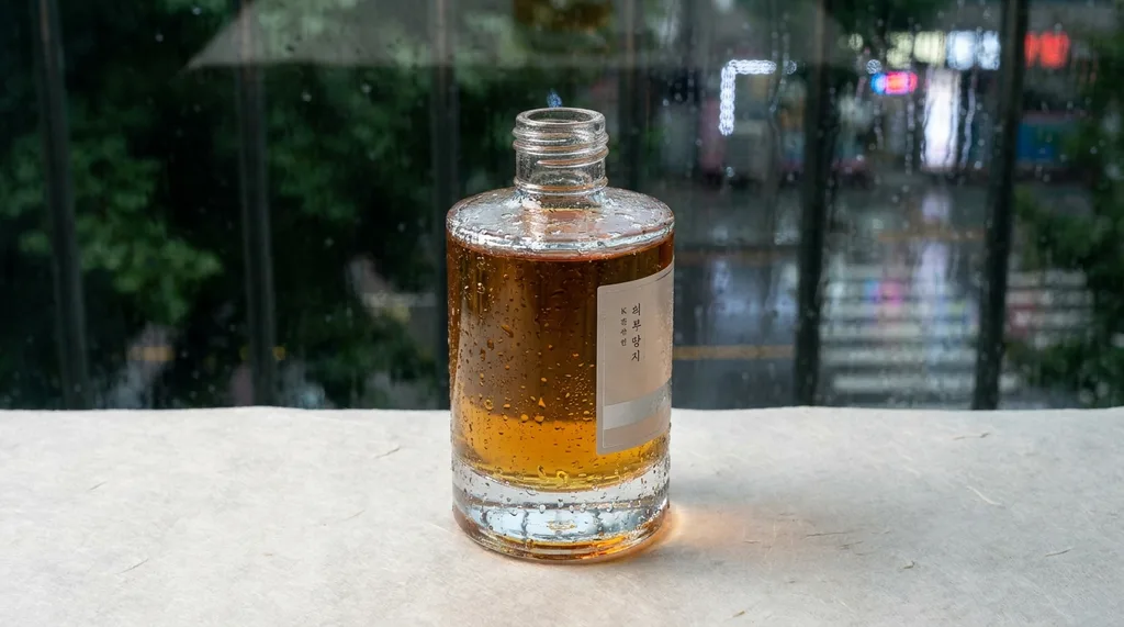 Cool condensation beads on a heavy glass bottle containing amber liquid Soft light catches the refraction through the glass Overhead eye-level shot, hanji paper texture beneath