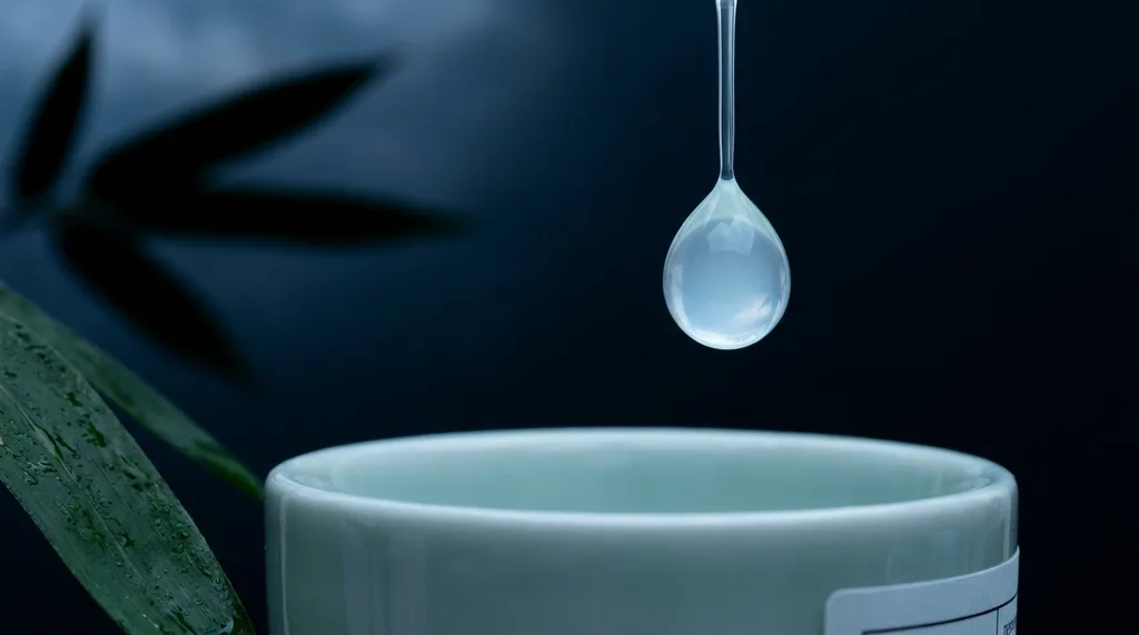 Cold translucent weight of a single serum drop hanging one centimeter above a celadon bowl its surface tension visibly straining, a refracted sliver of pale morning sky caught inside the drop One edge of the bamboo shadow beginning to dissolve in early light Extreme macro